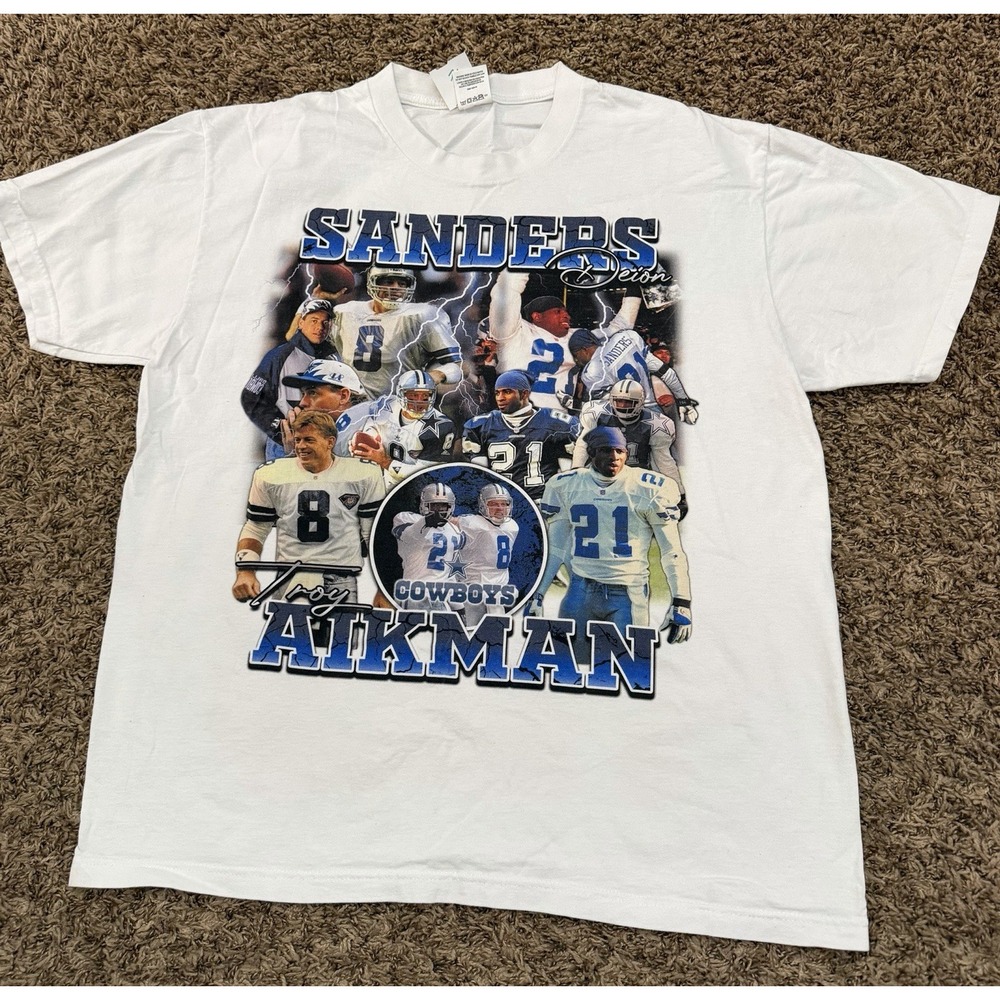 Vintage Pro Club Dallas Cowboys Troy Aikman Deon Sanders USA T-Shirt Size XL